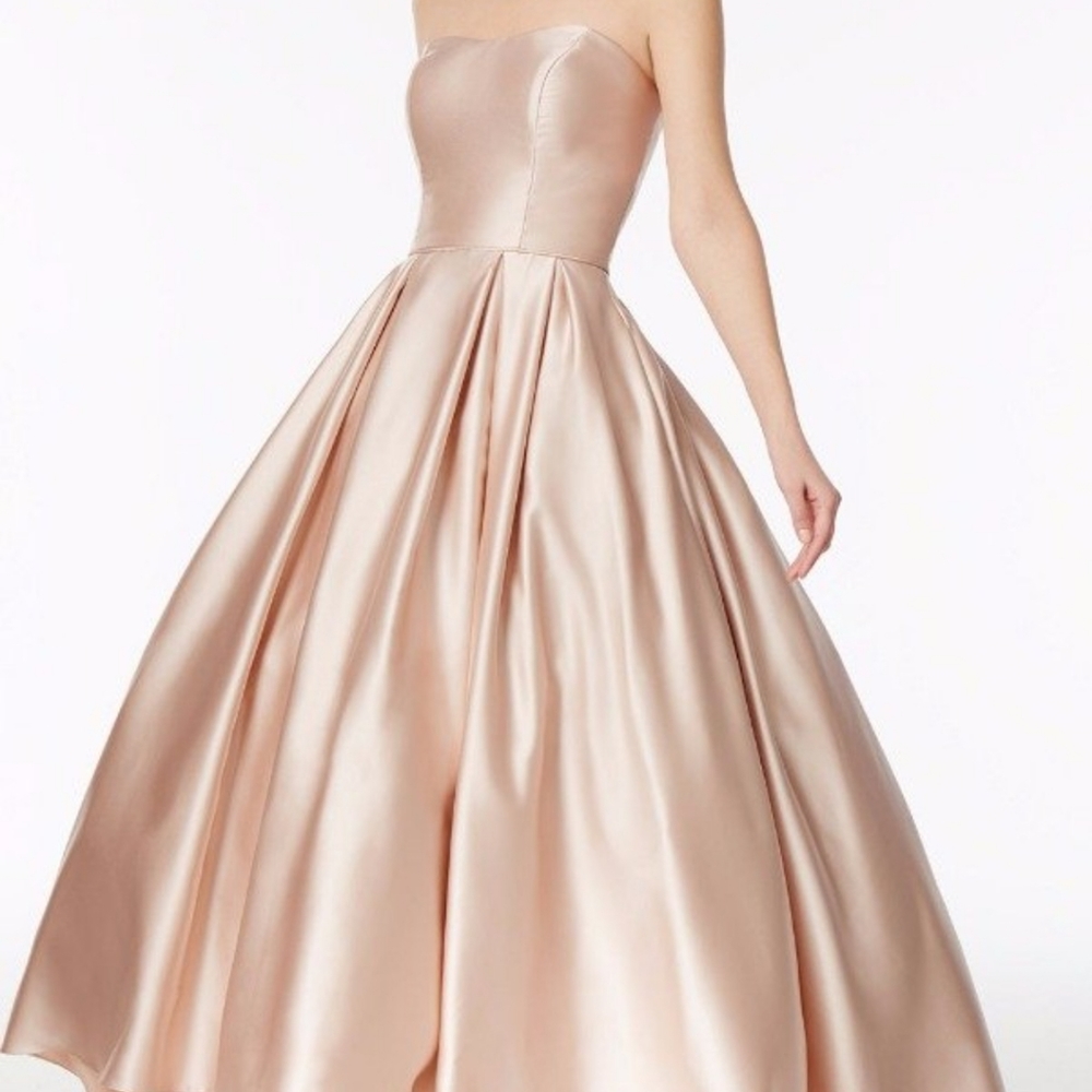Betsy and Adam strapless High-lo silk gown